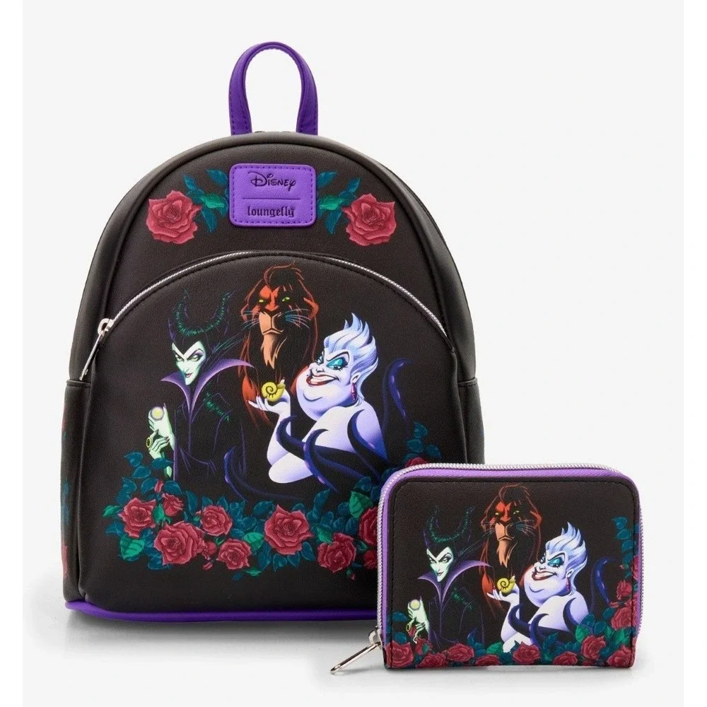 Loungefly Disney Villains Trio Roses Ursula Scar‎ Maleficent Backpack & WALLET